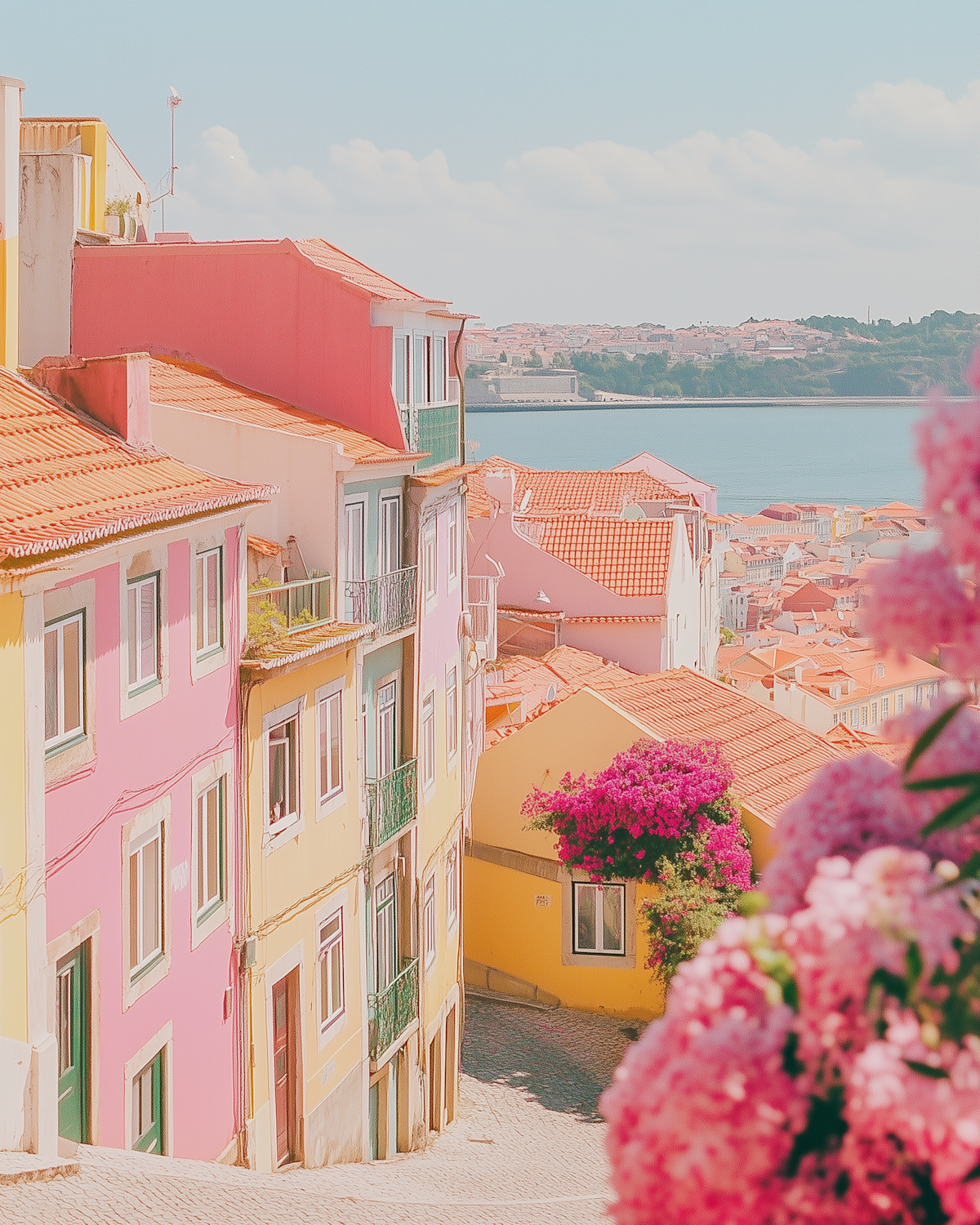 Gasse in Erriadh mit weißen Häusern und Bougainvillea vor Dar Amira