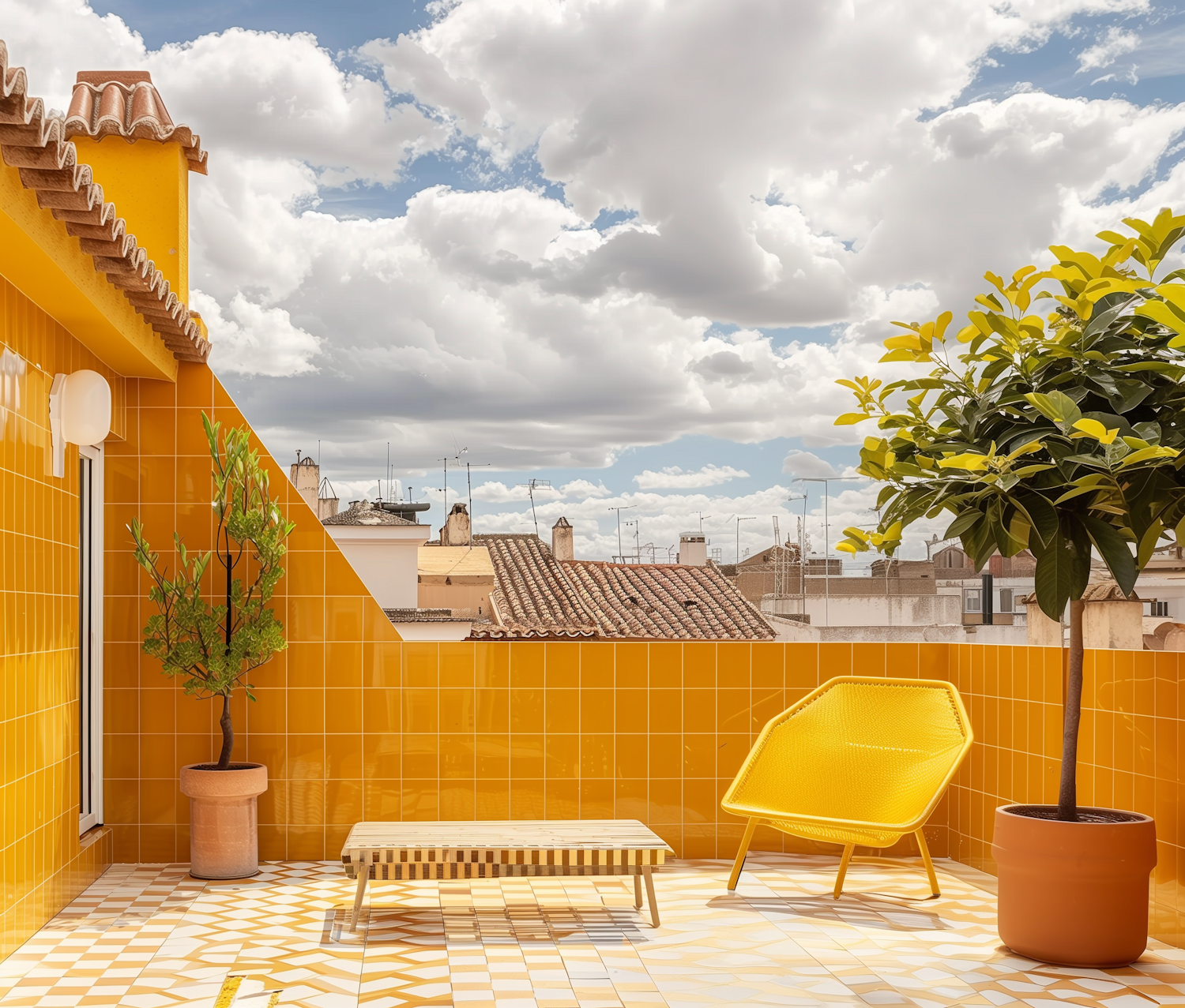 Dachterrasse von Dar Amira mit Blick über die weißen Dächer von Erriadh