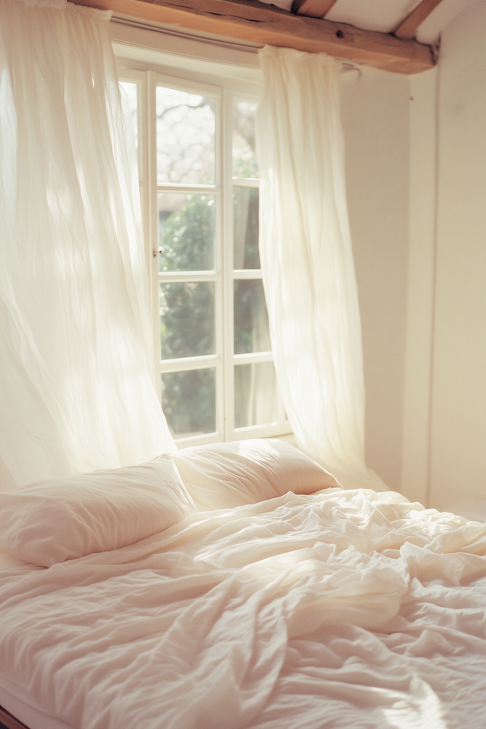 Schlafzimmer in Dar Zohra mit weißer Bettwäsche und Holzbalken