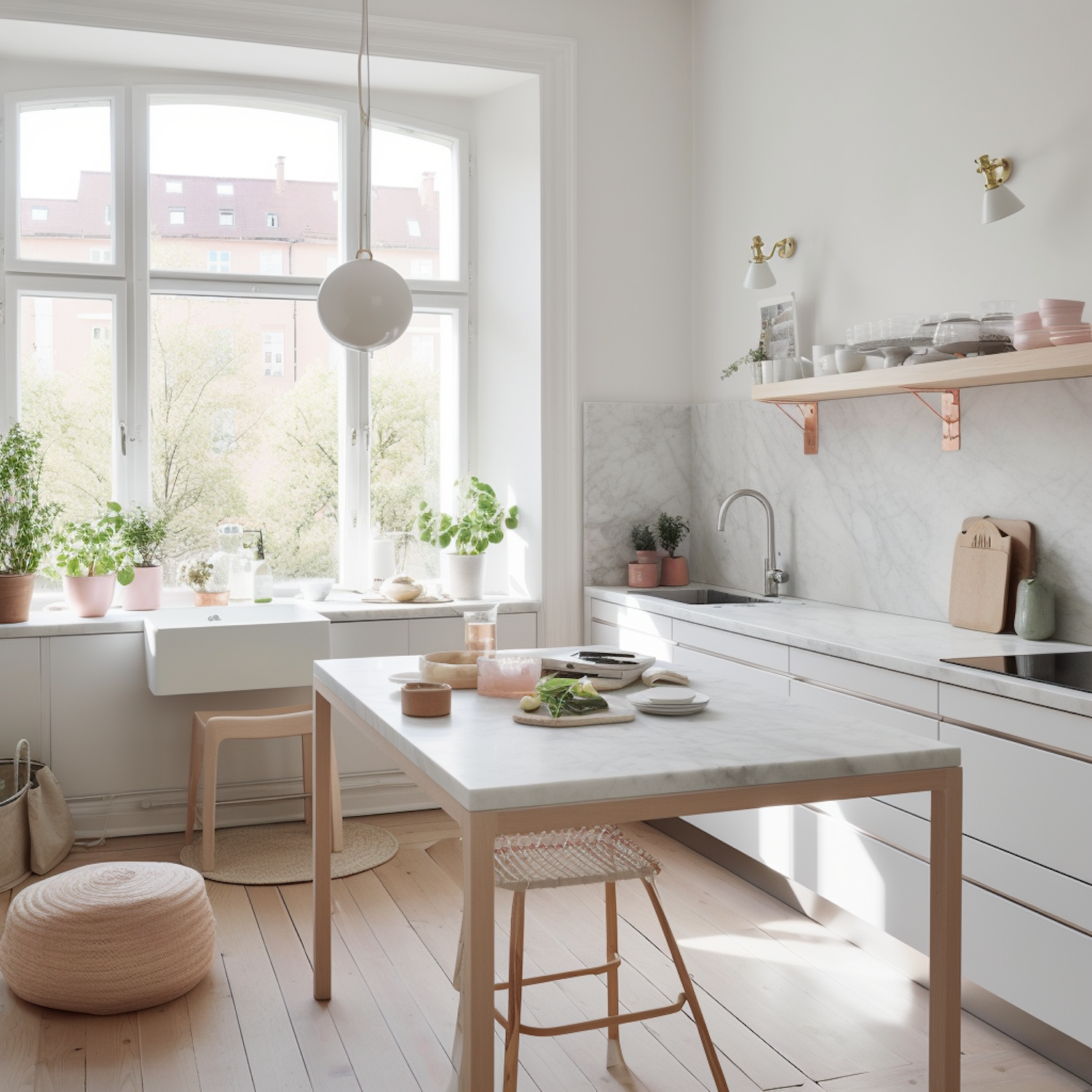 Helle Küche der Maison des Oliviers mit großem Fenster