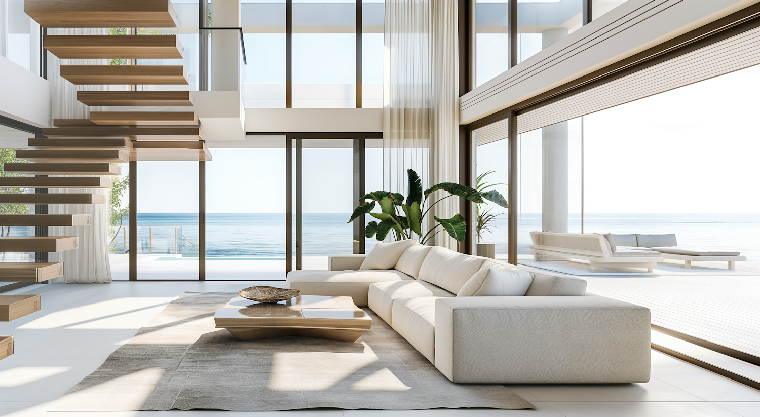 Wohnbereich der Villa Corail mit bodentiefen Fenstern zum Meer
