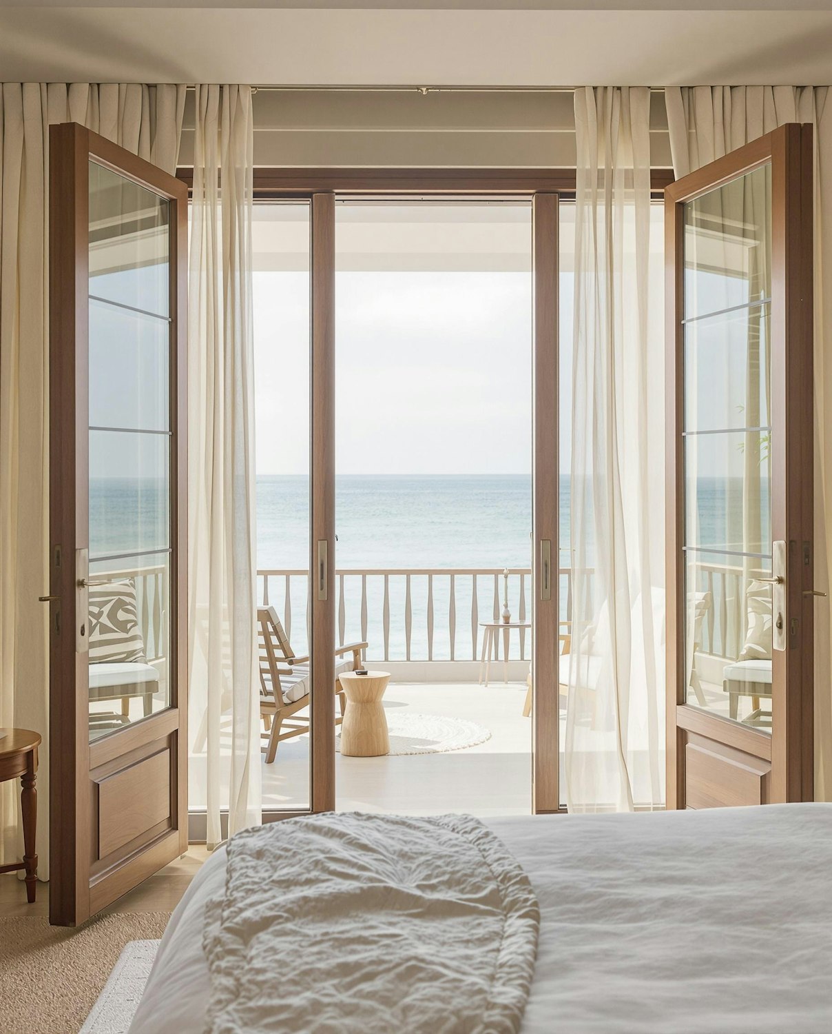 Schlafzimmer der Villa Corail mit Balkon und Meerblick