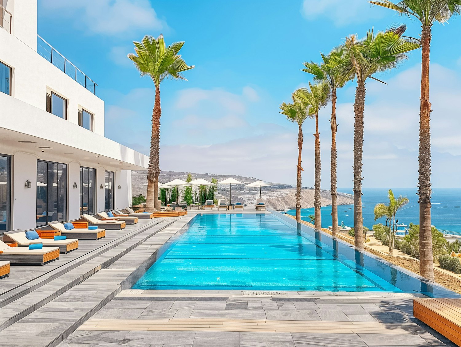 Großer Pool der Villa Palmeraie umgeben von Palmen