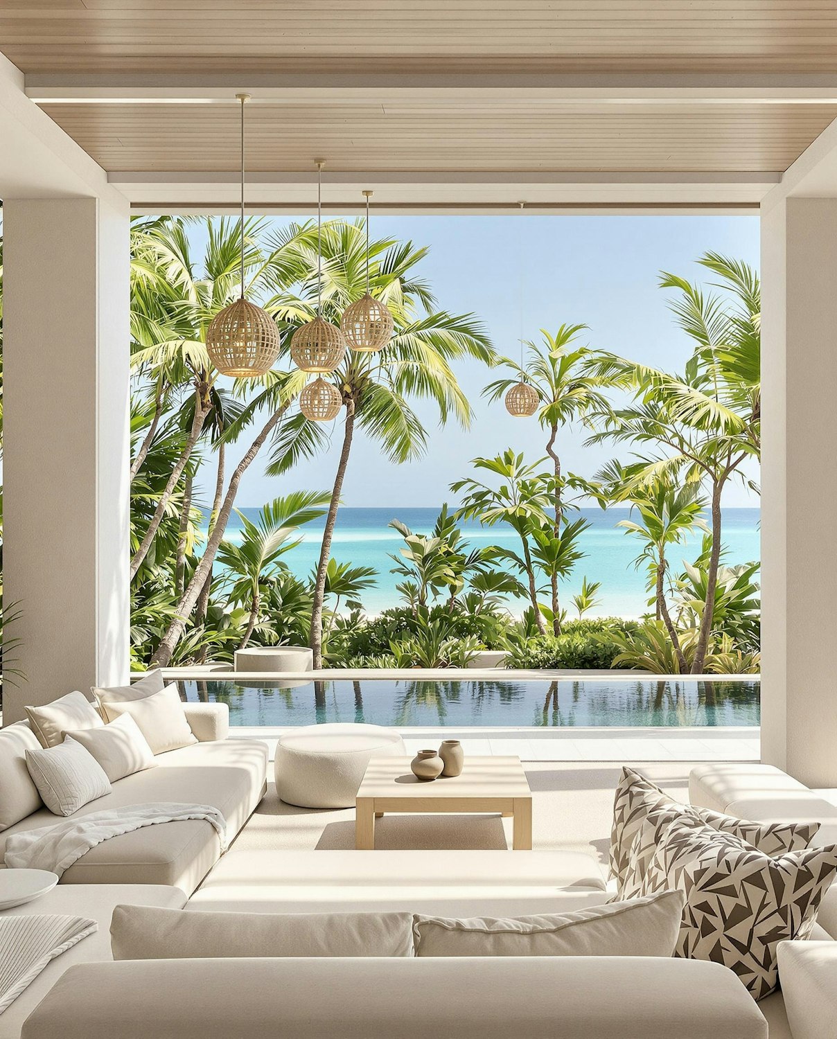 Offener Wohnbereich der Villa Palmeraie mit Blick auf den Pool