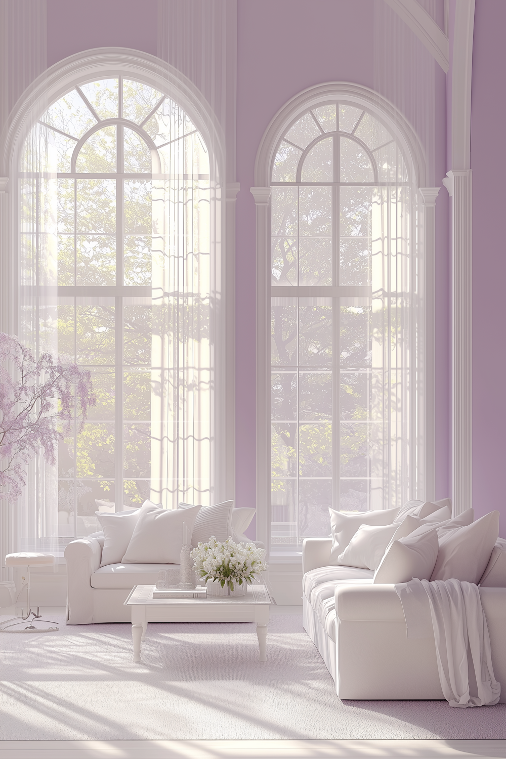 Heller Wohnraum der Villa Yasmine mit weißen Sofas und Rundbogenfenstern